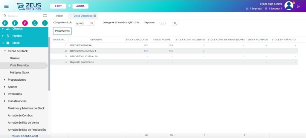 Pantalla de ZEUS ERP & POS. Visualización de la Vista Dinámica dentro del Módulo Stock