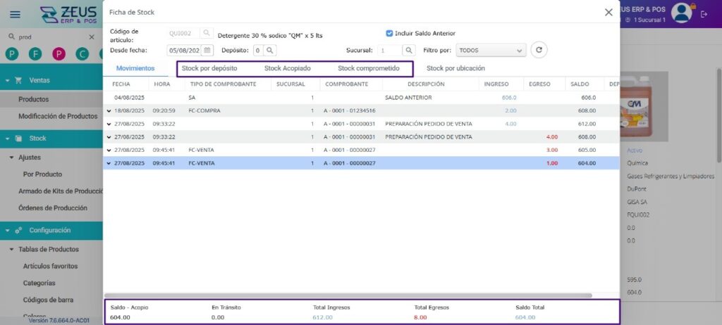 Pantalla de ZEUS ERP & POS. Visualización de la funcionalidad Ficha de Stock > General