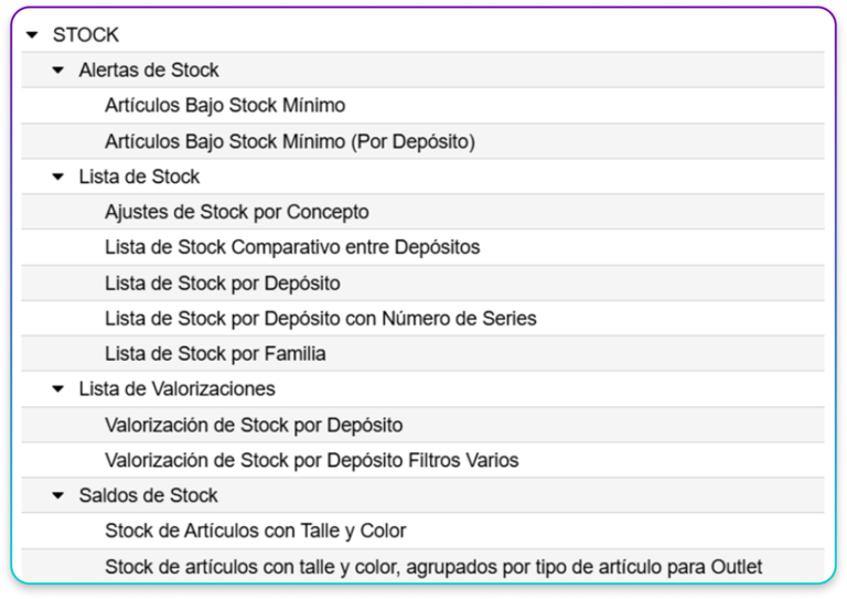Pantalla de Reportes de Stock disponibles en el sistema de gestión de ZEUS ERP & POS