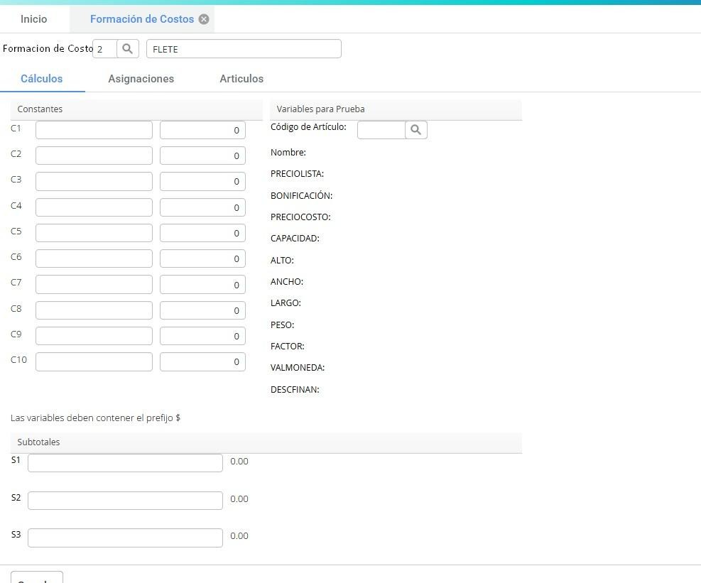 Pantalla de ZEUS ERP & POS - Funcionalidad Formación de Costos